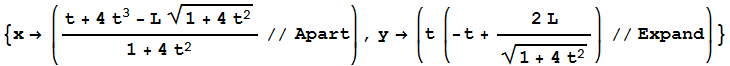 {x ((t + 4 t^3 - L (1 + 4 t^2)^(1/2))/(1 + 4 t^2)//Apart), y (t (-t + (2 L)/(1 + 4 t^2)^(1/2))//Expand)}