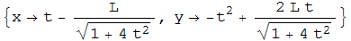 {xt - L/(1 + 4 t^2)^(1/2), y -t^2 + (2 L t)/(1 + 4 t^2)^(1/2)}