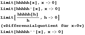Limit[hhhhh[x], x -> 0] Limit[hhhhh '[x], x -> 0] Limit[hhhhh[h]/h, h -> 0] (* Differenzialquotient für x = 0 *) Limit[hhhhh ' '[x], x -> 0] 