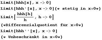 Limit[hhh[x], x -> 0] Limit[hhh '[x], x -> 0] (* stetig in x = 0 *) Limit[hhh[h]/h, h -& ... ferenzialquotient für x = 0 *) Limit[hhh ' '[x], x -> 0] (* Unbeschränkt in x = 0 *) 