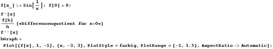 f[x_] := Sin[1/x] ; f[0] = 0 ; f '[x] f[h]/h (* Differenzenquotient für x = 0 *) f ''[x]  ... 1}, {x, -3, 3}, PlotStyle -> farbig, PlotRange -> {-1, 1.5}, AspectRatio -> Automatic] ; 