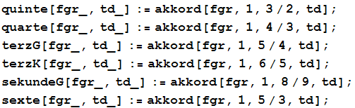 quinte[fgr_, td_] := akkord[fgr, 1, 3/2, td] ; quarte[fgr_, td_] := akkord[fgr, 1, 4/3, td] ;  ...  ; sekundeG[fgr_, td_] := akkord[fgr, 1, 8/9, td] ; sexte[fgr_, td_] := akkord[fgr, 1, 5/3, td] ; 