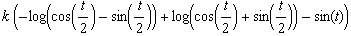 k (-log(cos(t/2) - sin(t/2)) + log(cos(t/2) + sin(t/2)) - sin(t))